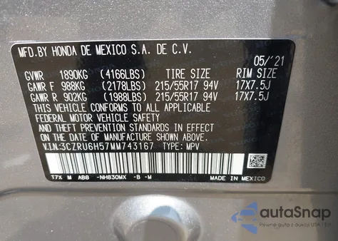 2021 Honda Hr-V Awd Ex from USA, damaged, VIN 3CZRU6H57MM743167